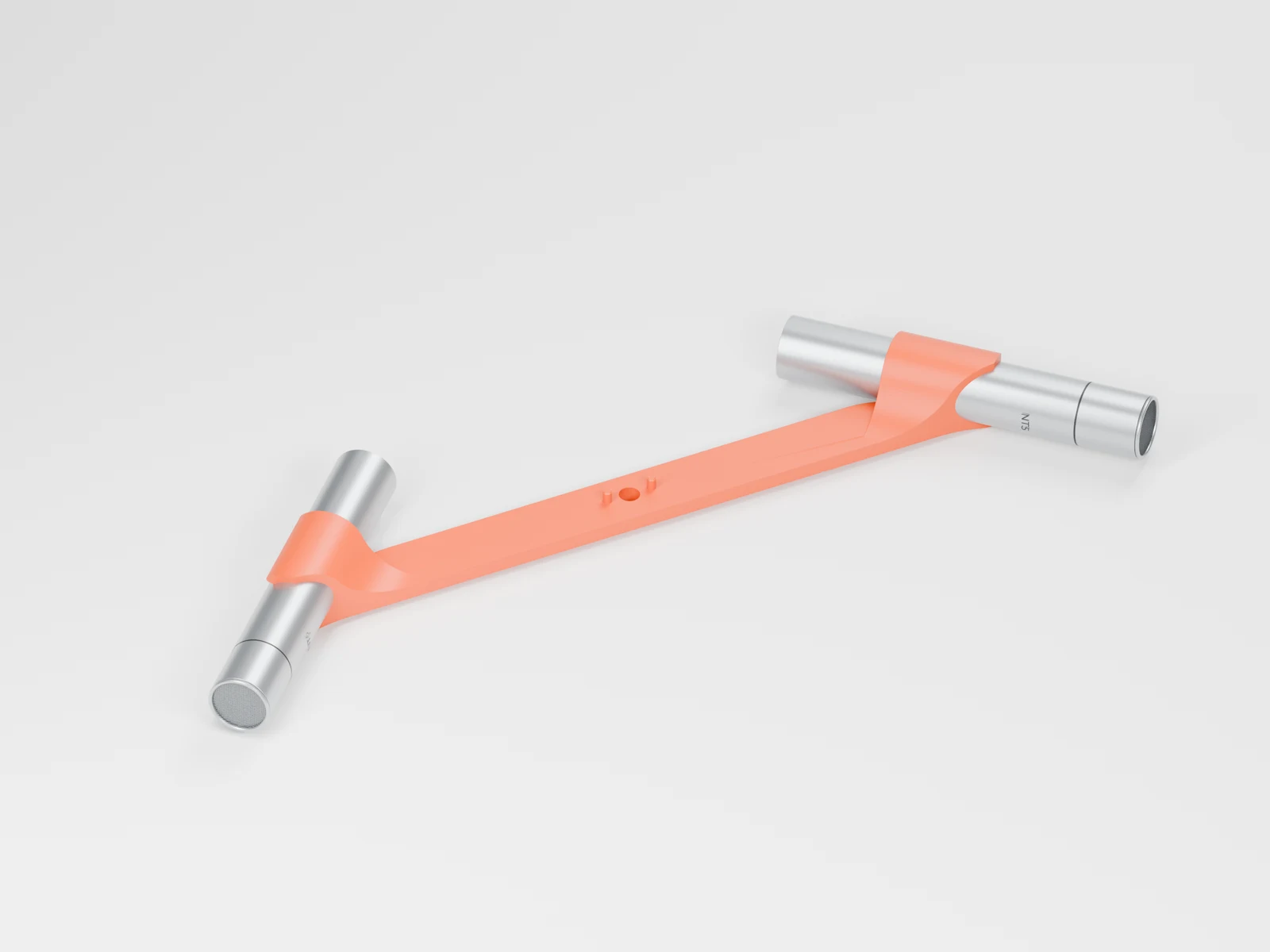 Stereo Mic Bracket with two illustrative RODE NT5 microphone references. 3D render. Microphones not included.